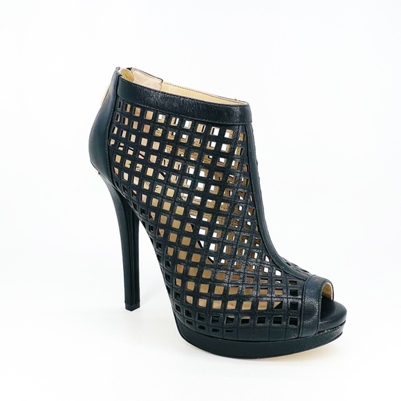 MICHAEL Michael Kors Caged Heels Black Leather Bootie Platform Peep Toe Size 8 - Picture 1 of 11